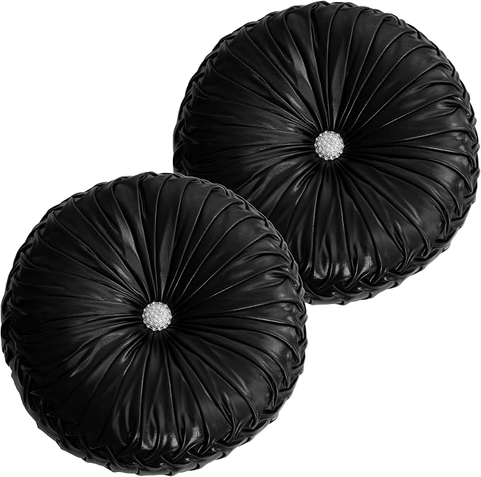 HIG Set of 2 Handcrafted Black Ruched Round Throw Pillows – 14.5’’ Metallic Leather Decorative Pillows with Soft Polyester Filling for Couch, Bed, Living Room, Bedroom, or Dorm