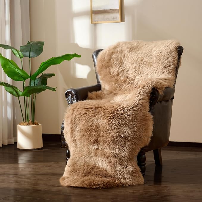 Premium Genuine Sheepskin Area Ruge - Real Wool Fur Shaggy Carpet | Fluffy Soft Natural Lambskin Rug Seat Chair Covers for Couch Sofa Bedroom Living Room(Tan,2×6 Feet Sheepskin)