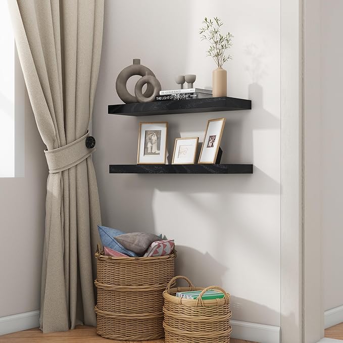 fuqing Black Floating Shelves | 24 Inch Wood Floating Shelves for Wall Set of 2 | 24" W x 6.7" D x 1.4" H Rustic Black Wooden Shelves for Bathroom Living Room Bedroom Kitchen
