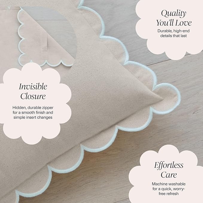 BEBE BASK Scalloped Pillow Cover - Set of 2 - 18 x 18 Inch - Scallop Pillow Cover Natural/White/Beige - 100% Cotton - Grandmillennial Style
