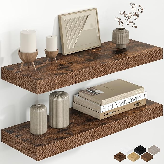 24 Inch Floating Shelves for Wall, 8 Inch Deep Rustic Wood Floating Shelves Set of 2, Wall Mounted Hanging Shelf with Invisible Brackets for Bathroom, Bedroom, Kitchen, Living Room, Rustic Brown