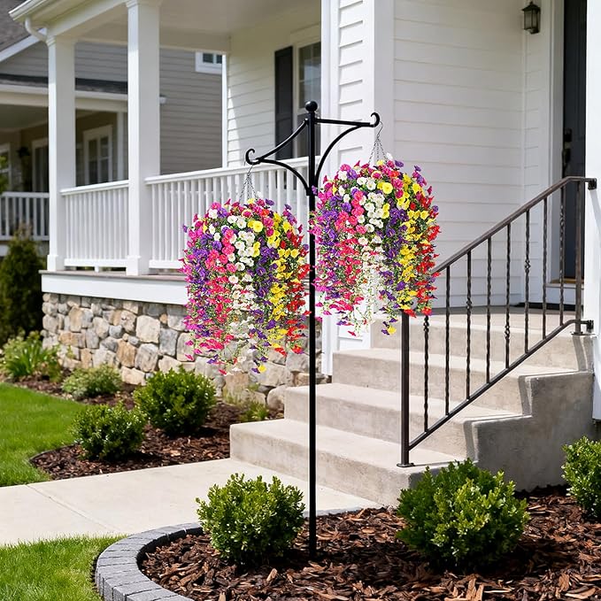 INXUGAO Artificial Flowers with Hanging Basket, Outdoor Faux Plants Silk Morning Glory Vines, Fake Petunias for Garden Patio Spring Summer Decor, 12 pcs Mixed Color