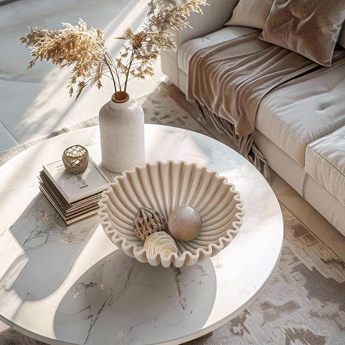 YMXYJM Large Decorative Bowl, Modern Handicraft Bowls for Home Decor, Decorative Fruit Bowl for Kitchen Counter, Ruffle Decor, Stylish Key Bowl for Entry Table, Artificial Stone Beige