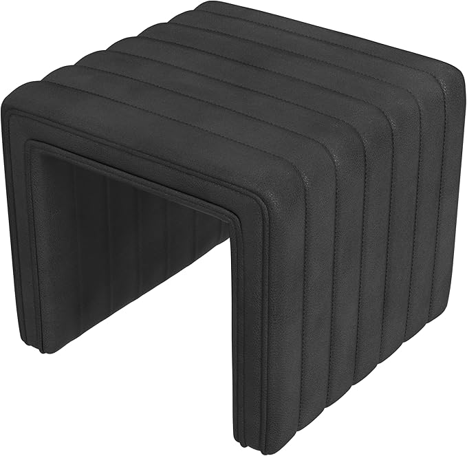 HomePop Modern Channel Tufted Faux Leather Ottoman|Homepop Home Décor|Ottoman for Living Room & Bedroom - Black Faux Leather