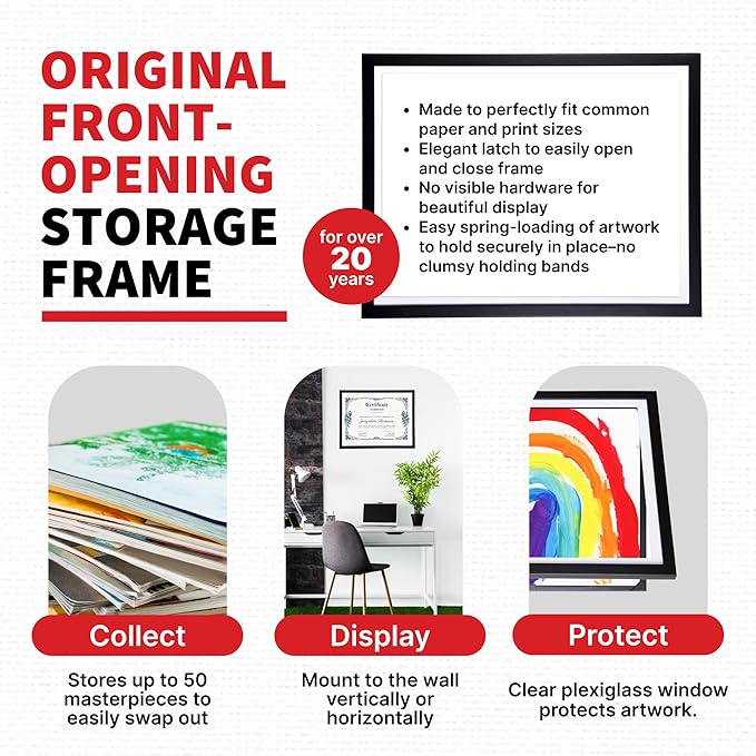 Dynamic Frames Li’l Davinci Art Cabinet, Stores up to 50 Pieces of 18 x 24 inch Art, Outer Wooden Frame Dimensions 20.88 x 26.88 inches, Kids Art Frame, Front Opening, Universal Hanging, Black