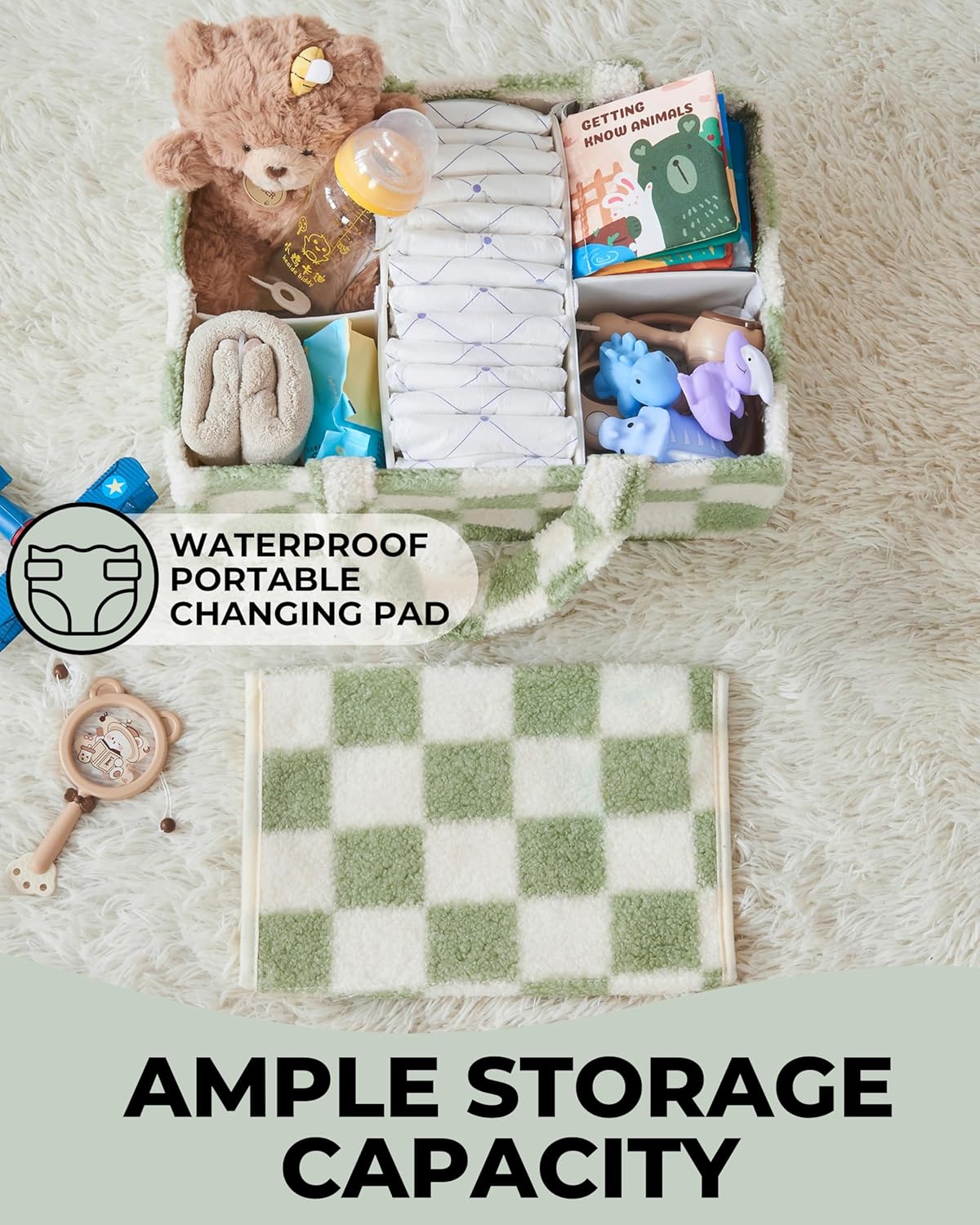 Checkered Diaper Caddy Organizer with Portable Changing Mat - Teddy Fleece Diaper Organizer for Changing Table - Caddy Organizer with Removable Dividers - Green and White