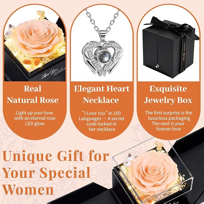 FIACO Gifts for Mom Preserved Real Roses with I Love You Necklace Fresh Forever Flowers Mothers Day Flower Gifts for Women Grandma Anniversary Birthday Gift for Girlfriend Wife Daughter