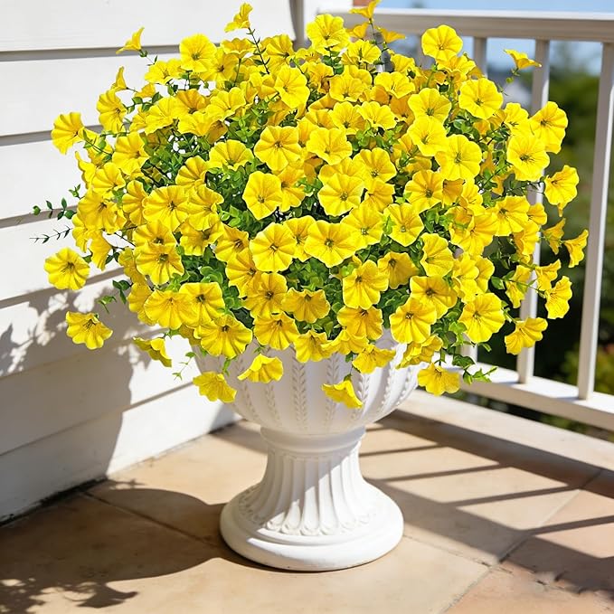 Ouddy Decor 24 Bundles Artificial Flowers for Outdoors, Fake Petunias Flowers Silk Morning Glory with Eucalyptus Faux Plants for Indoor Outside Spring Summer Yard Garden Porch Home Decor, Yellow