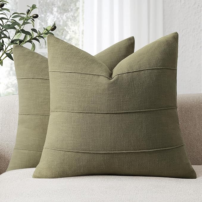 ZWJD Christmas Linen Throw Pillow Covers 16x16 Set of 2 Solid Handcrafted Striped Cushion Covers for Bed Soft Xmas Decorative Pillow Covers for Couch Bedroom Living Room Christmas Decor(Olive Green)