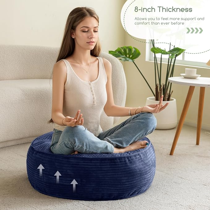 HIGOGOGO 8" Extra Thick Floor Pillow Cushion for Adults, Meditation Cushion Pillow, Large Round Floor Sitting, Tufted Corduroy Cover, for Tatami Living Room or Yoga, 22x22 Inch, Navy