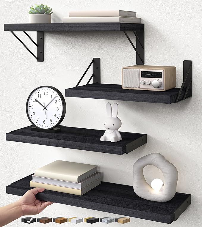BAYKA Wall Mounted Floating Bathroom Shelves, Wood Wall Shelf for Books & Decor, Space-Saving Display & Organizer (Black, Set of 4)