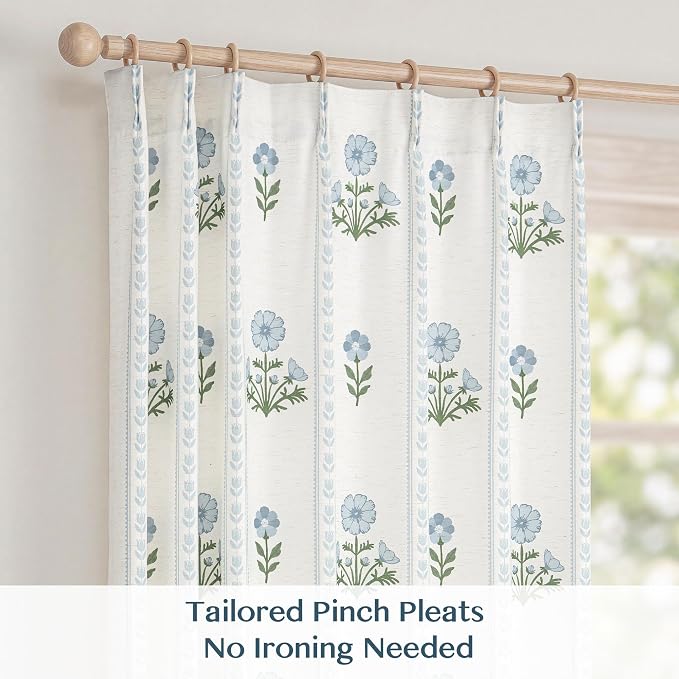 THREE GIRLS Pinch Pleated Light Filtering Linen Blend Floral Block Print Curtains for Living Room, Bedroom, Modern Farmhouse, Memory Trained, Hooks, 2 Panels Set, 40"x102", Blue