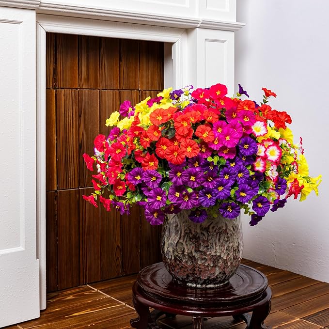 Nigirior Artificial Faux Flowers for Outdoor 16 Bundles Boxwood Fake Morning Glory for Planter,UV Resistant Fake Flowers for Home Porch Patio Outside（8 Color）