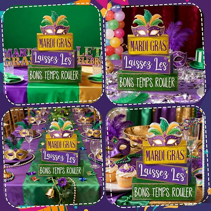 Lineshading 4 Pcs Mardi Gras Table Decorations Wooden Mask Purple Golden Green Carnival Tiered Tray Decor Mardi Gras Centerpieces Decorative Mask Block Signs Gifts for Masquerade Party Home Kitchen