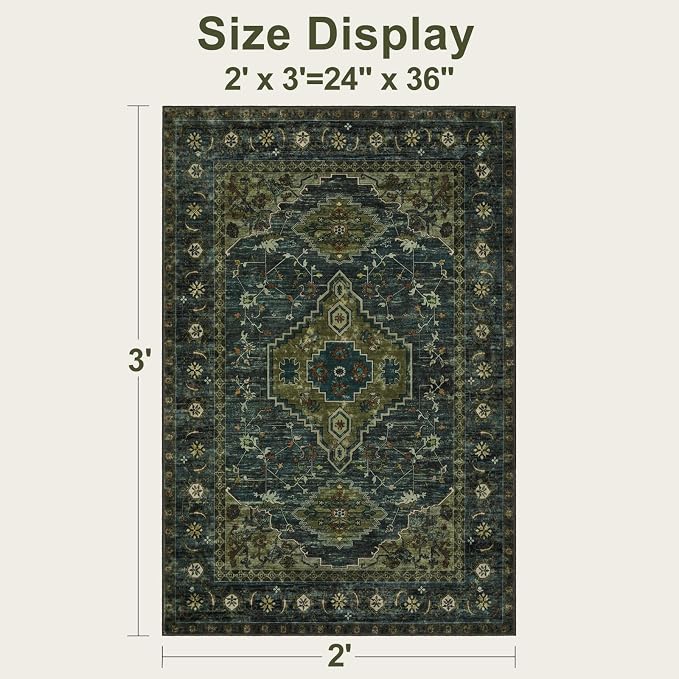 Tangsoo Oriental Small Washable Rugs for Entryway 2x3 Vintage Olive Green Rug Non Slip Small Area Rug, Front Door Boho Print Door Mat Indoor Entrance Soft Low Pile Throw Rug for Entry Kitchen Bedroom
