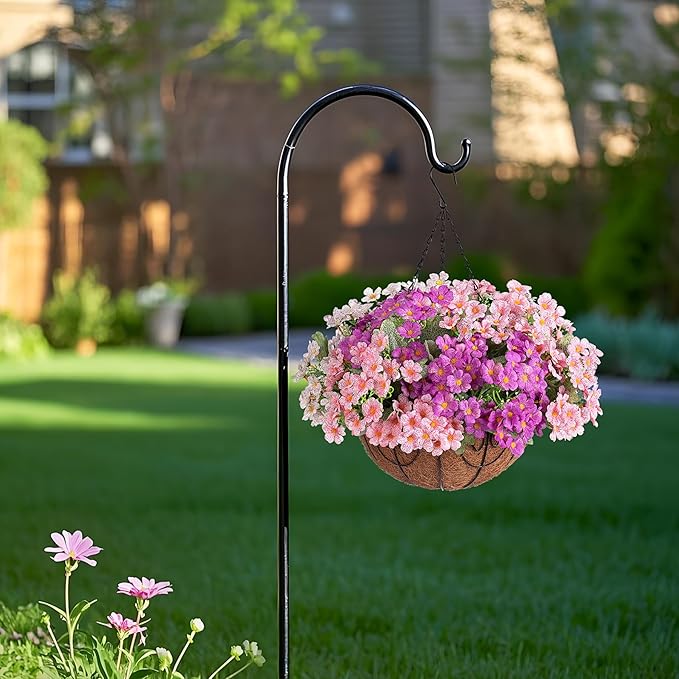 Artificial Fake Hanging Plants Flowers Basket for Spring Outdoor Decoration, Faux Silk Daisy UV Resistant Look Real with Eucalyptus Leaves Summer Decor for Patio Garden Outside(Pink White Purple )