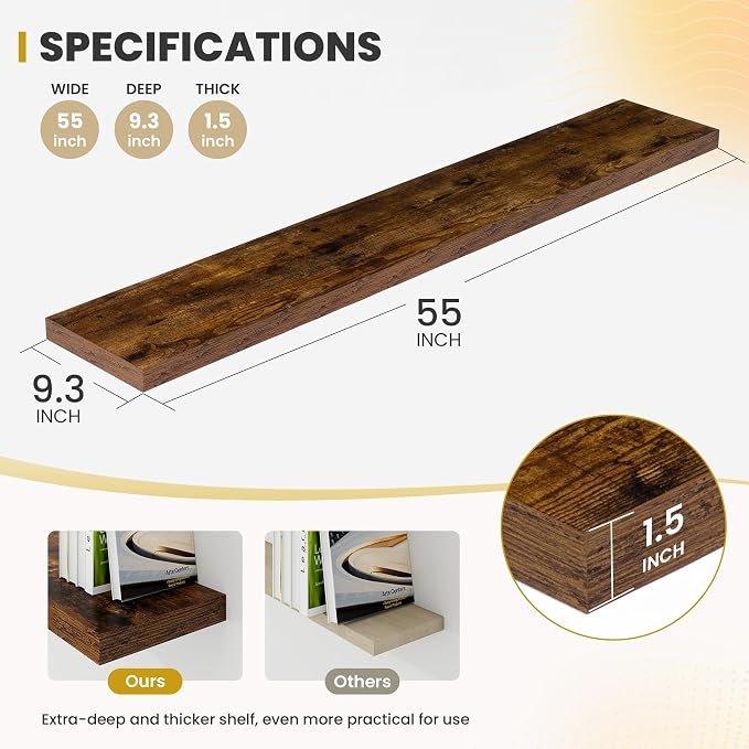 Acovy 55 Inch Floating Shelves, 9.3" Deep Floating Shelf Wall Mounted, 56" Wall Shelves, Rustic Deep Bookshelf, Large Display Shelves & Storage Shelves for Bedroom, Living Room, Brown, Set of 2