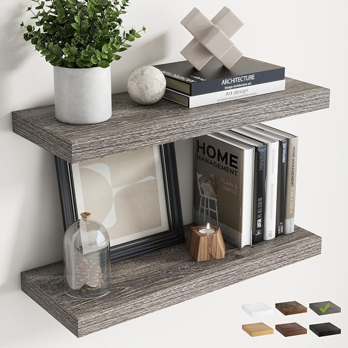 24 Inch Floating Shelves for Wall Set of 2, 8"D Wood Grain Bathroom Shelves with Invisible Brackets, Easy Install Engineered Wood Storage Shelves for Kitchen, Living Room, Bedroom, Grey Oak Finish