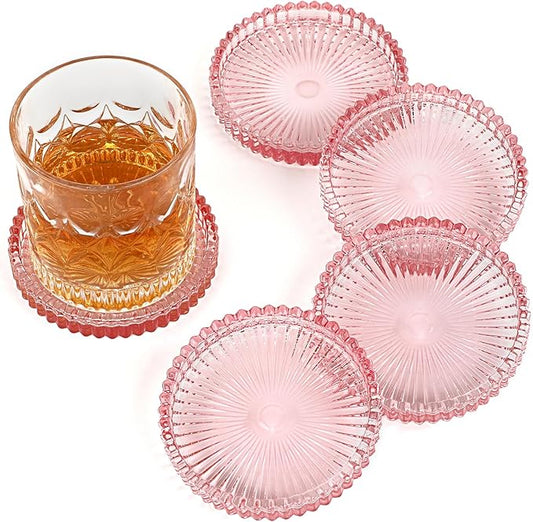 Modern Clear Coaster Set of 5- Glass Coasters for Drinks Crystal Coasters Round Cup Coaster Coffee Table Decor for Office, Kitchen, Bar, Dining Room, Living Room, Patio(Clear Pink)