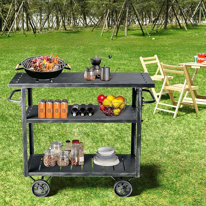 LOKKHAN Rolling Bar Cart with Handle [3 Tier] Home Kitchen Microwave Cart Island On Wheels, Mobile Serving Cart Beverage Cart, Coffee Station (Metal/Wood, Industrial Black)