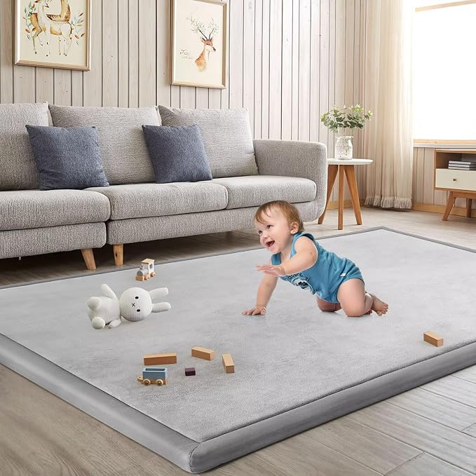 Baby Play Mat for Floor Nursery Rug Muscle Mat Area Rug Playroom Rug 79"x110" Playpen Mat Elastic Foam 1.3" Thick Crawling Mat for Babies,Toddlers, Infants, Kids,A Light Gray