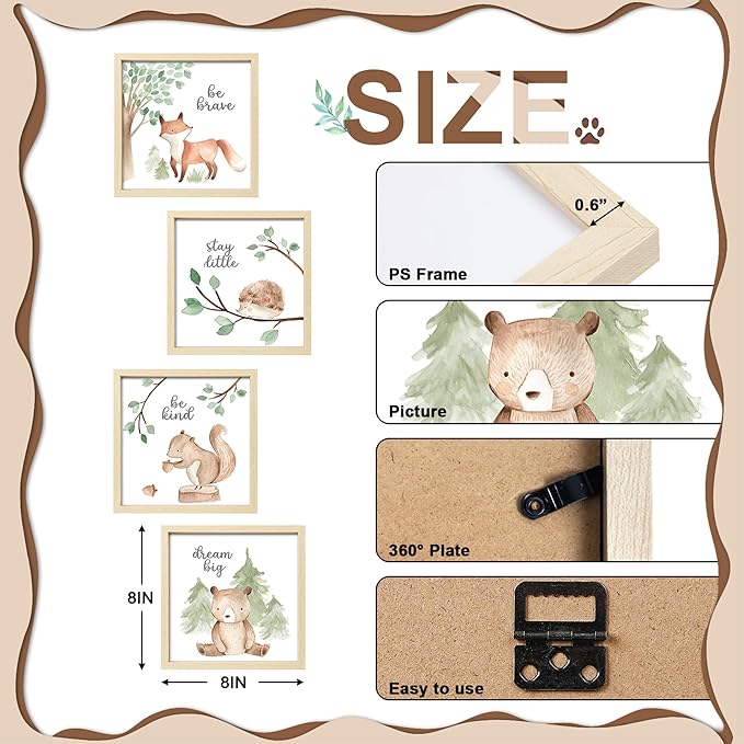 ArtbyHannah Framed Woodland Nursery Wall Decor, 4 Pack Gallery Wall Frame Set Forest Animal Safari Wall Art Prints for Baby Kids Playroom Room Decoration, Cute Artwork Frame 8x8 Inch