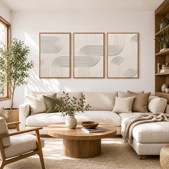 CHDITB 3D Geometric Arch Textured Framed Canvas Wall Art Set, Neutral Earth Tone Curved Line Impasto Minimalist Wall Decor, Modern Art Prints for Living Room Hallway Bedroom Decor 24"x36"x3
