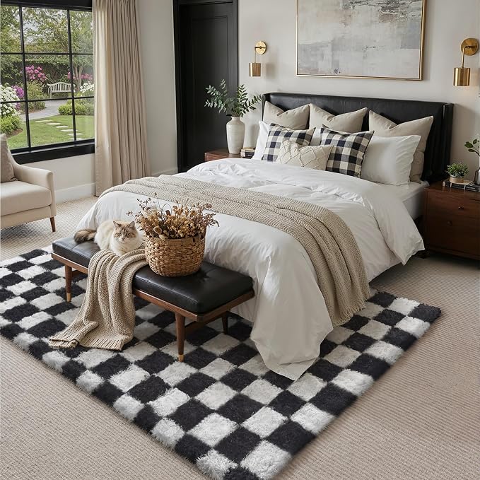 PureCozy Checkered Rug 8x10 for Living Room, Black and White Modern Shag Rugs Super Soft Washable Indoor Office Fuzzy Carpet Non-Slip Fluffy Rugs for Bedroom Home Aesthetic Decor