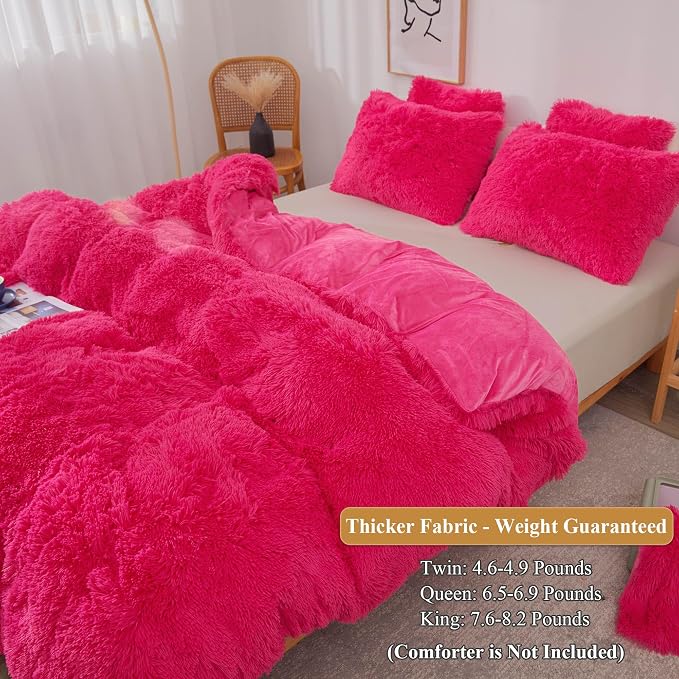 XeGe Plush Shaggy Duvet Cover Set, Luxury Ultra Soft Fluffy Faux Fur Bedding Sets 2 Pieces Velvet(1 Fuzzy Furry Comforter Cover + 1 Faux Fur Pillow Case), Zipper Closure (Twin, Hot Pink)