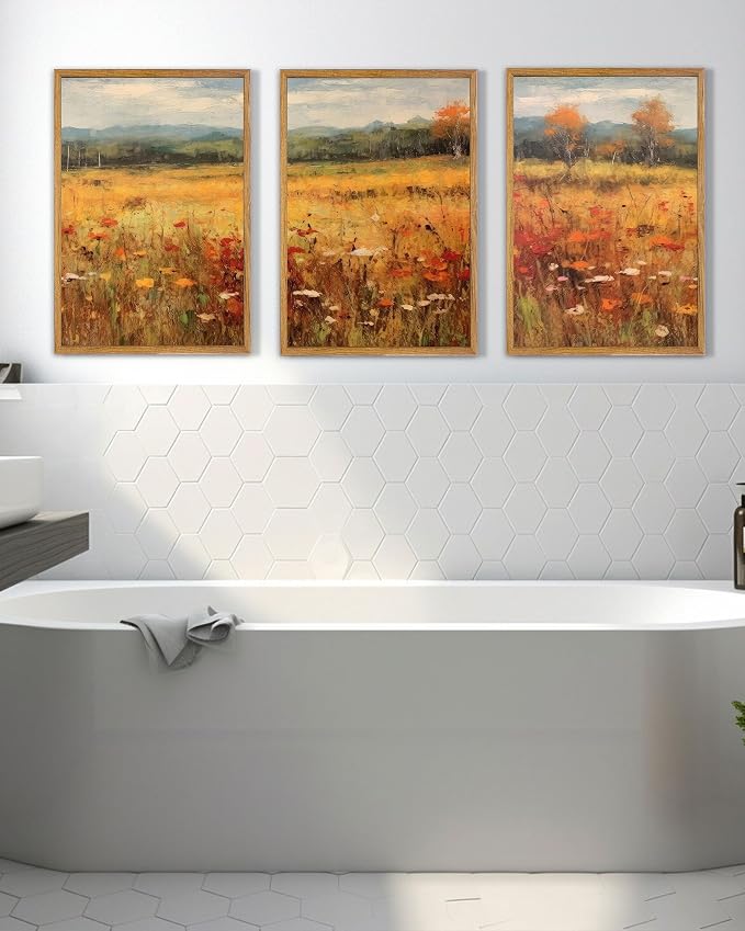 UPWOIGH Autumn Meadow Framed Wall Art, 16 x 24 Inch, Set of 3 | Golden Wildflower Meadow Prints, Warm Autumn Landscape Design, Light Wood Frames for Living Room, Dining Room and Office