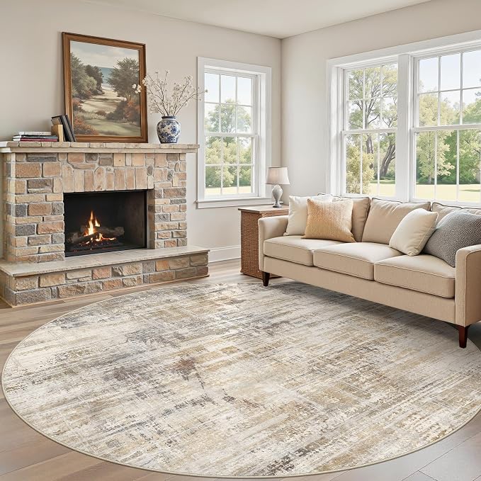 UERMEI 8ft Round Area Rug for Living Room: 8x8 Washable Neutral Abstract Modern Soft Circle Rugs Non Slip Indoor Floor Stain Resistant Carpet for Bedroom Dining Room Office Nursery Golden Brown