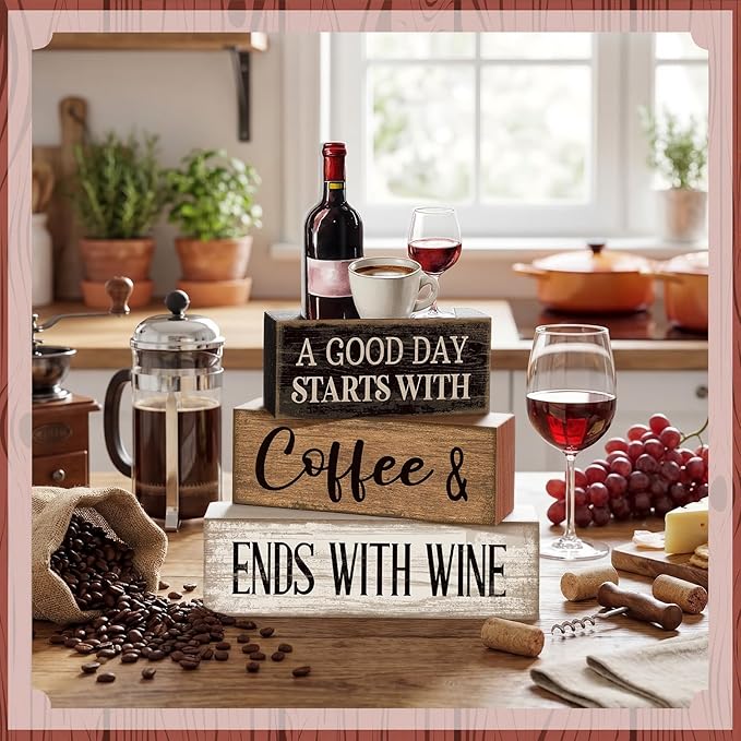 Lineshading 4 Pcs Farmhouse Table Decor Wooden Stacked Block Sign with Wine Bottle, Coffee Cup & Glass Sculpture a Good Day Starts with Coffee Ends with Wine Sign for Home & Bar Housewarming Gift