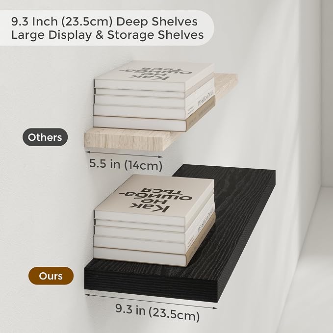 Floating Shelves for Wall, 16 inch Black Shelves 9.3in Deep Wooden Shelf, Floating Wall Shelves for Kitchen, Bathroom, Living Room & Bedroom Organizer, 16 x 9.3 x 1.5 in, 2 Packs