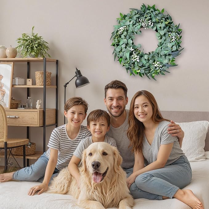 Eucalyptus Wreath for Front Door All Seasons, 20-22" Spring Summer Silk Greenery Wreath for Porch Wall, Artificial Farmhouse Home Decor for Indoor Outdoor