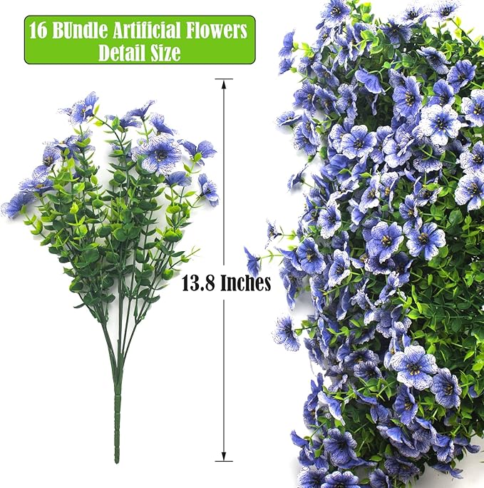 Grunyia Artificial Fake Flowers for Outdoor Spring Decoration, 16 Bundles Faux Silk Colorful Daisy UV Resistant Realistic for Outside Porch Patio Home Yard Garden Planters Pots Window Box (Blue)