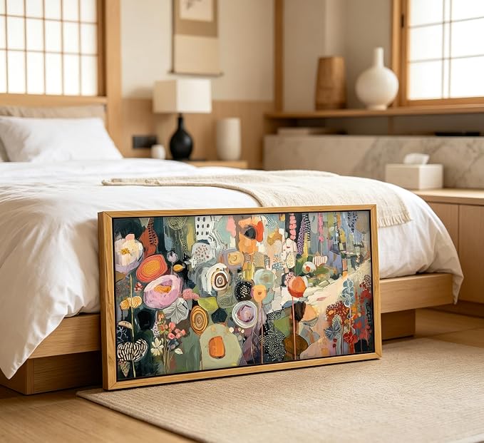 Wooden Framed Colorful Flower Wall Art,Abstract Botanical Canvas Print,Long floral landscape Picture Poster,Vintage Watercolor Floral Painting Artwork for Bedroom Living Room Office
