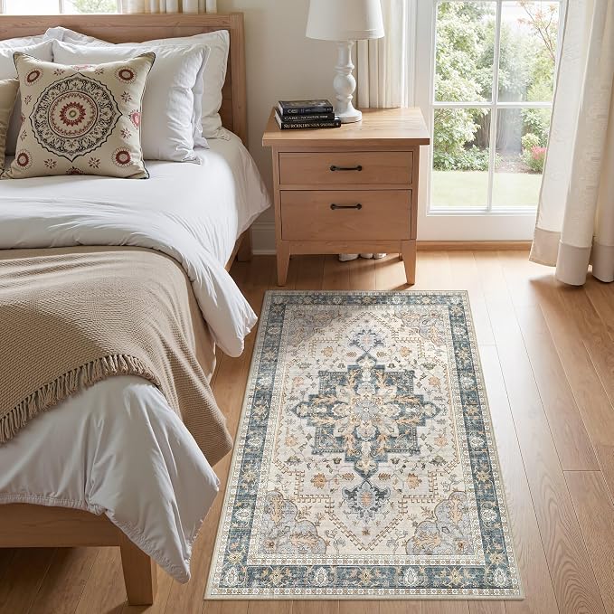 Tortania Area Rug Living Room Rugs - 3x5 Washable Rug Vintage Oriental Distressed Farmhouse Small Thin Indoor Carpet for Living Room Bedroom Under Dining Table Home Office - TealTaupe