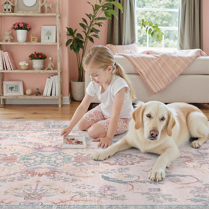 DCX 4x6 Pink Vintage Floral Rug, Machine Washable Non Slip Low Pile Carpet for Girl’s Bedroom, Nursery, Dorm, Kid & Pet Friendly Soft Stain Resistant Rug
