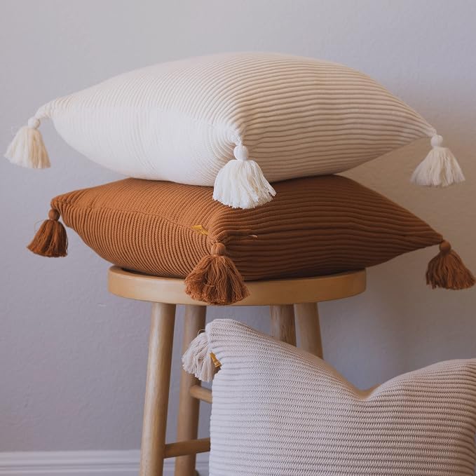 Soft Cotton Throw Pillow Cover with Ribbed Knit Texture and Tassel Corners Decorative Accent for Couch or Bed (20x20, Butter Cream)