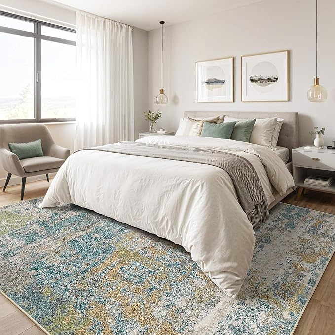 8x10 Area Rugs Living Room: Washable Large Abstract Neutral Modern Soft Rug Stain Resistant Indoor Floor Non-Slip Accent Carpet for Bedroom Nursery Playroom Office Dining Room Home Decor- Teal