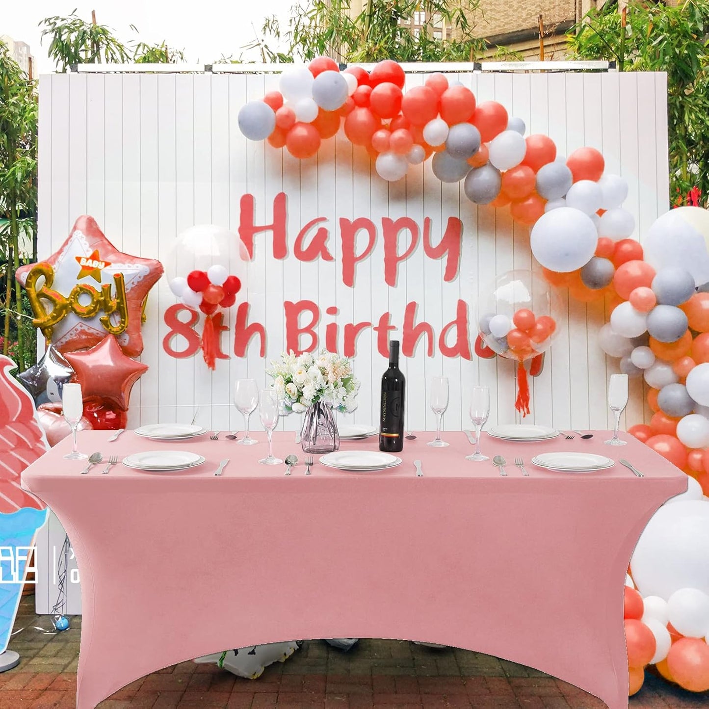 SuperO 2Pack Waterproof Spandex Table Cover for 8FT Table Universal Fitted Stretch Tablecloth for Party, Banquet, Wedding and Events-Dusty Pink