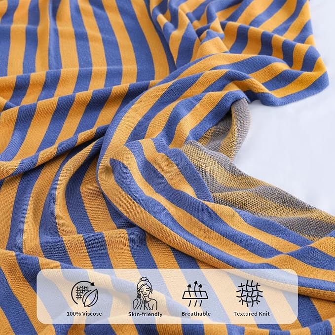 BOV Knit Lightweight Throw Blanket - 100% Viscose Super Soft Breathable Comfy Decorative Throw Blanket for Chair Couch Sofa Bed, Perfect Self Care Gifts for Women & Men, Mustard & Navy Stripe 50"x60"