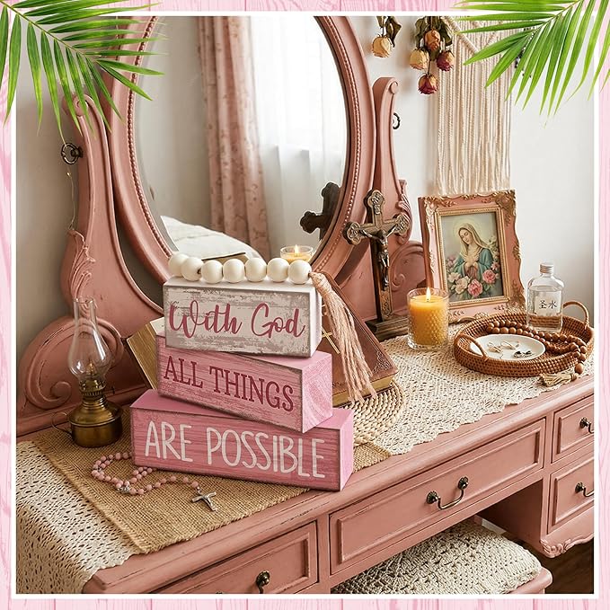 Yuntau 4 Pcs Farmhouse Wooden Tabletop Decor Farmhouse Tiered Tray Decor Rustic Retro Decorative Books Wood Bead Garland with God All Things are Possible Block Centerpiece Sign for Home Shelf Mantle