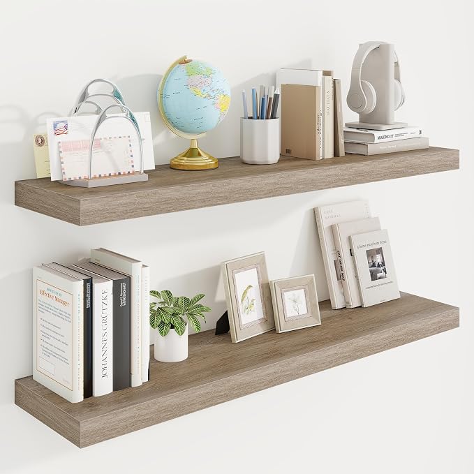 40in Floating Shelves for Wall, 40"W x 9.25"D x 1.25"H, 2 Pack Long Wall Mounted Engineered Wood Shelves with Invisible Brackets for Living Room, Bedroom, Bathroom, Kitchen Decor and Storage, Grey