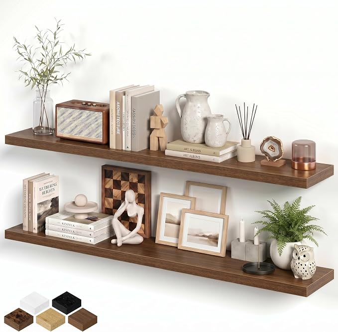 Floating Shelves for Wall, 66 Inch Floating Shelves Set of 2, Wall Mounted Rustic Wood Shelf for Bathroom, Living Room, Bedroom and Kitchen, Hanging Shelf for Storage, Books, Home Decor, Walnut