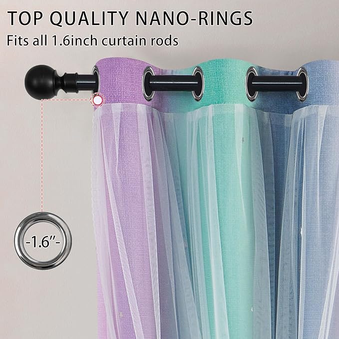 XiDi Purple Grey Green Curtains for Girls Bedroom 96 Inches Long 2 Panels Set, Rainbow Blackout Curtains for Kids Nursery Room Decor, Unicorn Wall Decals Grommet Drapes for Living Room 34 Inches Wide