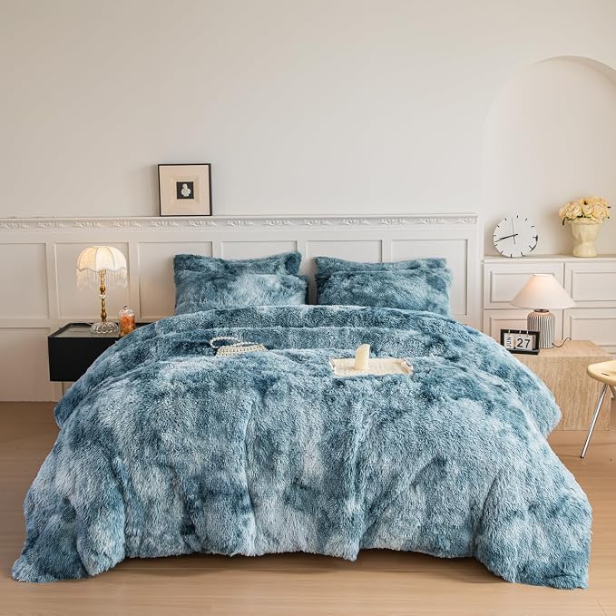 chovy Faux Fur Plush Tie-Dyed Blue White Comforter Set Twin/Full Size - Ultra Soft Shaggy Flannel Velvet Fluffy Fuzzy 3PC Bedding Set (Comforter x 1 Pillowcases x 2)
