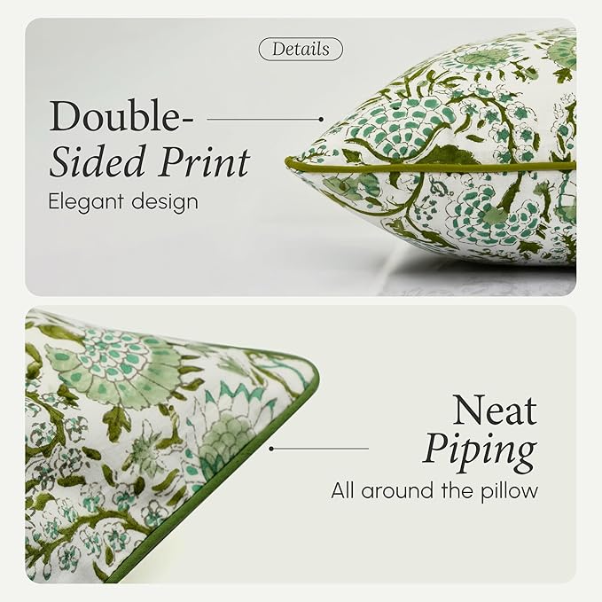 CPC 100% Cotton Throw Pillow Covers 18x18 Inch, Set of 2 Green Block Print Pattern Couch Pillow, Cute Boho Decorative Pillows for Living Room, Bedroom with Hidden Zipper- Agate Green