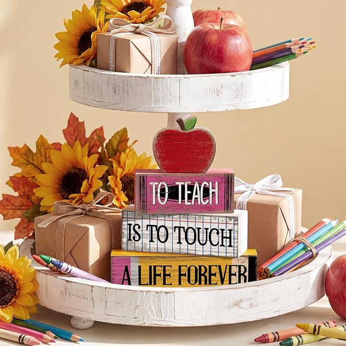 Moucuny 4 Pcs Teacher Appreciation Week Table Decor Wooden Apple Tiered Tray Decor Thank You Teacher Table Centerpiece Decorative Apple Block Signs Gift Classroom Decoration for Home Kitchen Shelf