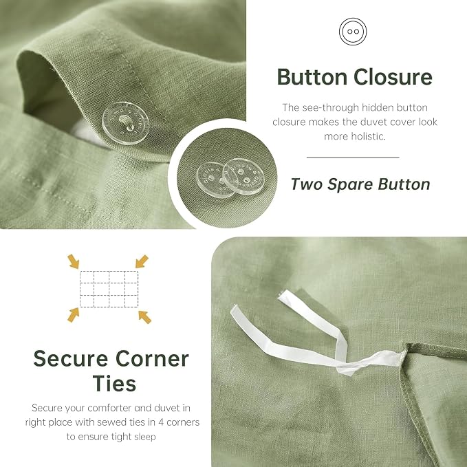 Simple&Opulence 100% Linen Duvet Cover Set, 3 PCS Natural French Flax Sage Green Duvet Cover Queen Size, Breathable Soft Comfy Linen Bedding Comforter Cover with 2 Pillowcases(Sage Green, 88"x92")